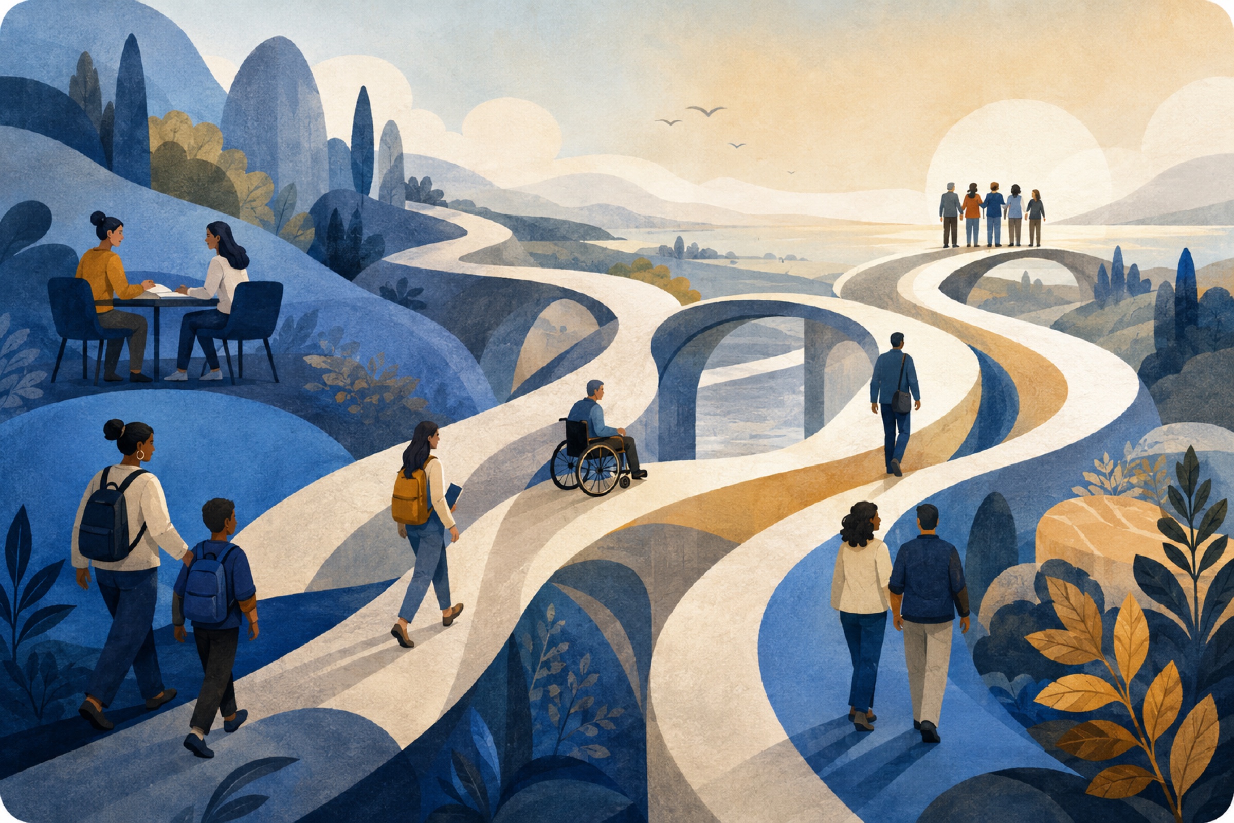 Illustrated pathways connecting people across education, employment, and community