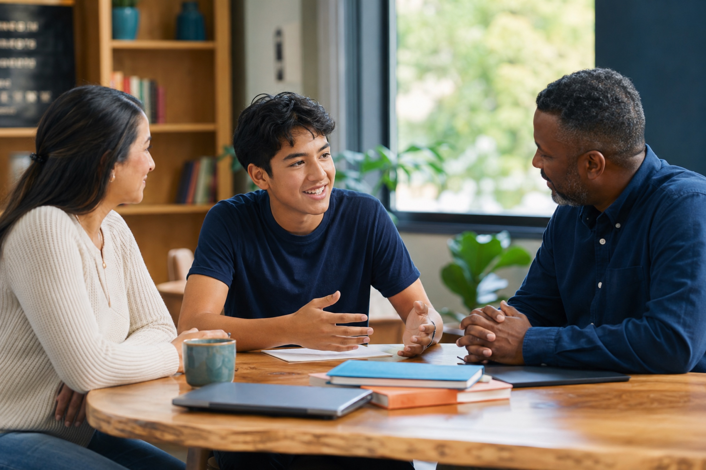 Student, family member, and educator planning next steps together